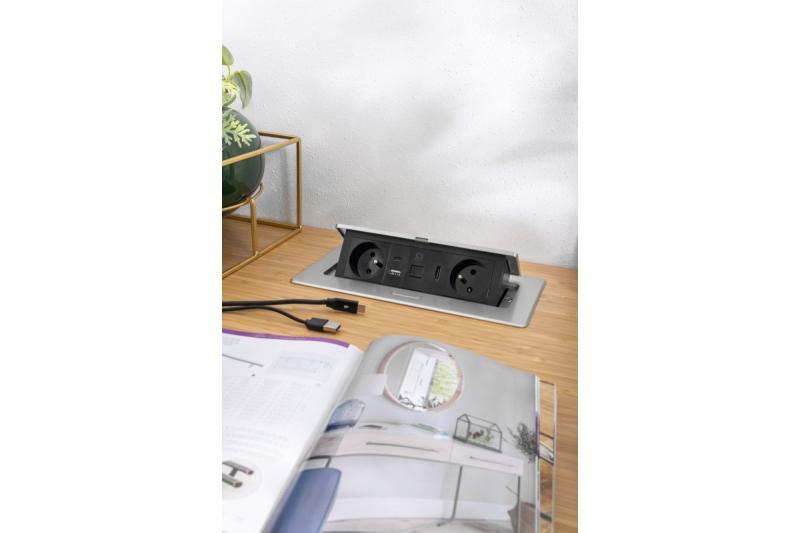 MULTISOFT furniture socket 2x Socket with Earthing, USB A+C, RJ45, HDMI, Power Cable with Plug, Aluminium