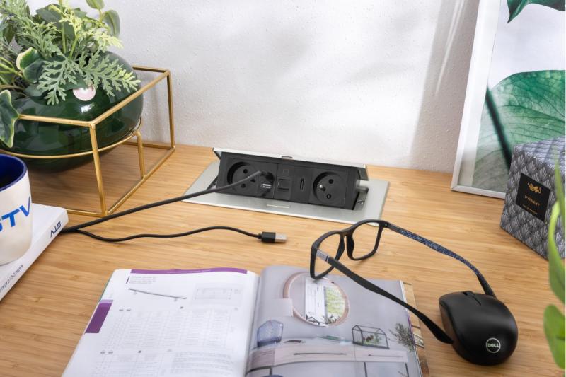 MULTISOFT furniture socket 2x Socket with Earthing, USB A+C, RJ45, HDMI, Power Cable with Plug, Aluminium