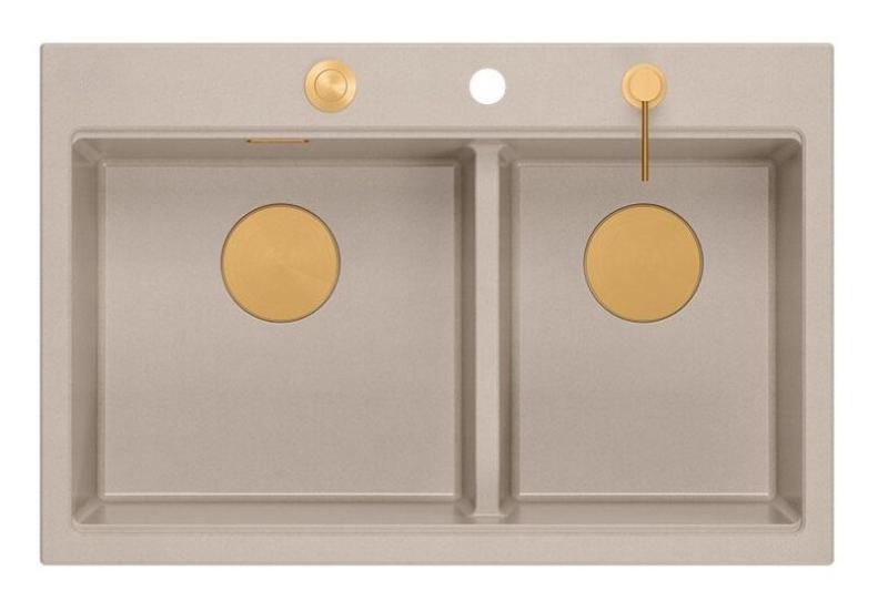 Quadri Hard Rock Double Beige Granite Built-in Sink 76x50 cm with Copper Plug and Accessories 1208971726