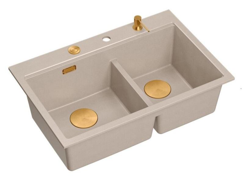 Quadri Hard Rock Double Beige Granite Built-in Sink 76x50 cm with Copper Plug and Accessories 1208971726