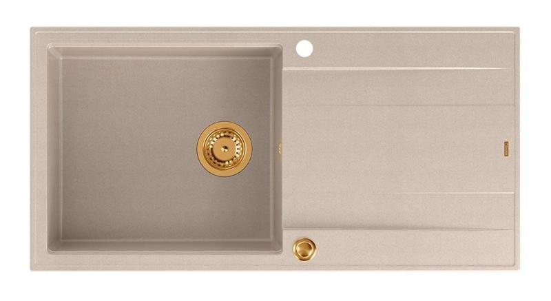Quadri Luton pearl beige granite built-in sink with draining board, reversible 100x50cm with copper plug 1208971770
