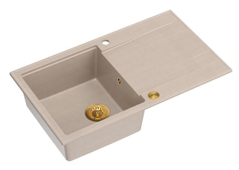 Quadri Luton pearl beige granite countertop sink with draining board reversible 86x50cm with gold plug 1208971778