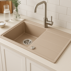 Quadri Luton beige granite built-in sink with reversible draining board 86x50cm with stainless steel plug 1208971779