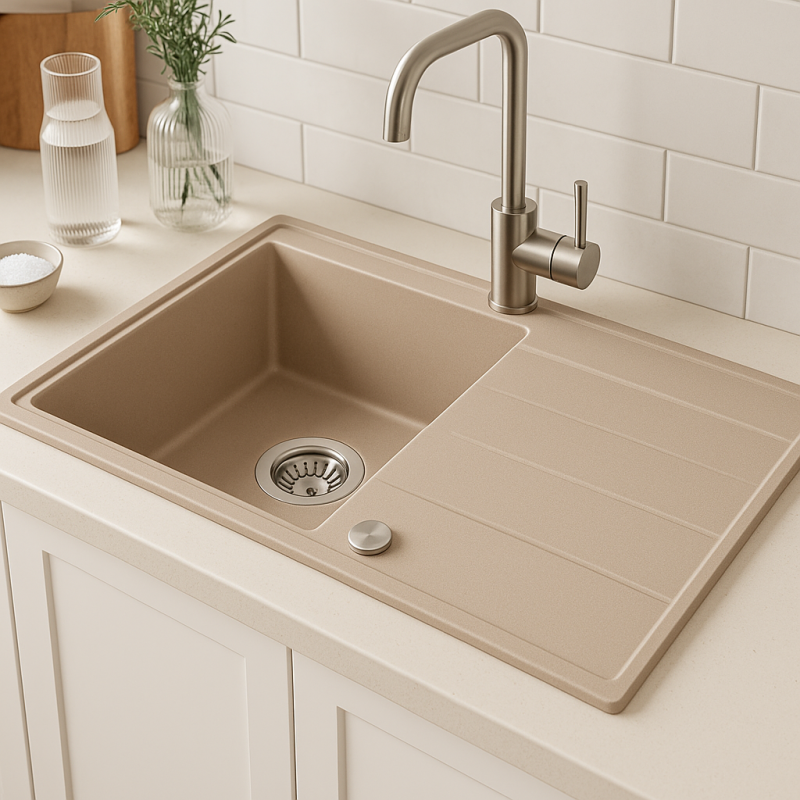 Quadri Luton pearl beige granite built-in sink with drainer, reversible 86x50cm with stainless steel plug 1208971779