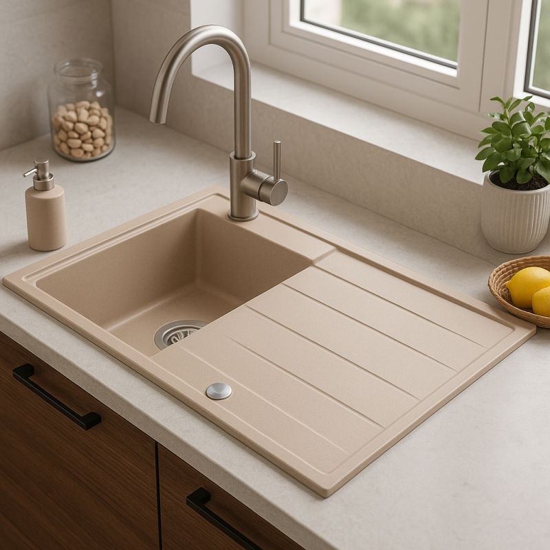 Quadri Luton pearl beige granite built-in sink with drainer, reversible 86x50cm with stainless steel plug 1208971779