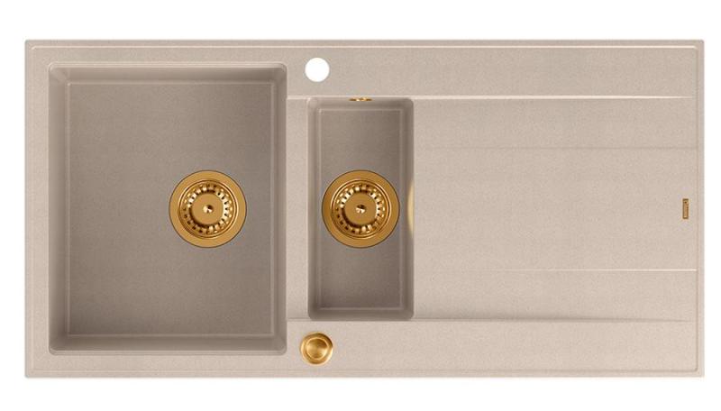 Quadri Luton pearl beige granite top-mount 1.5 bowl sink with reversible drainboard 100x50cm with copper plug 1208971792
