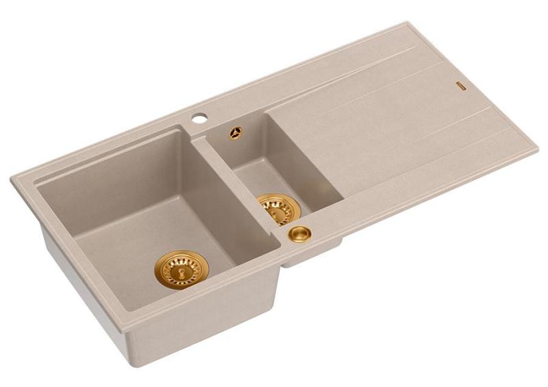 Quadri Luton pearl beige granite top-mount 1.5 bowl sink with reversible drainboard 100x50cm with copper plug 1208971792