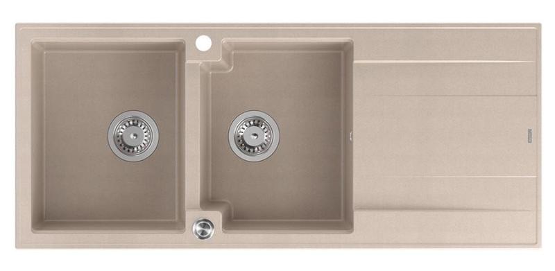 Quadri Luton construction double granite sink pearl beige with draining area 116x50 cm with stainless steel plug 1208971812