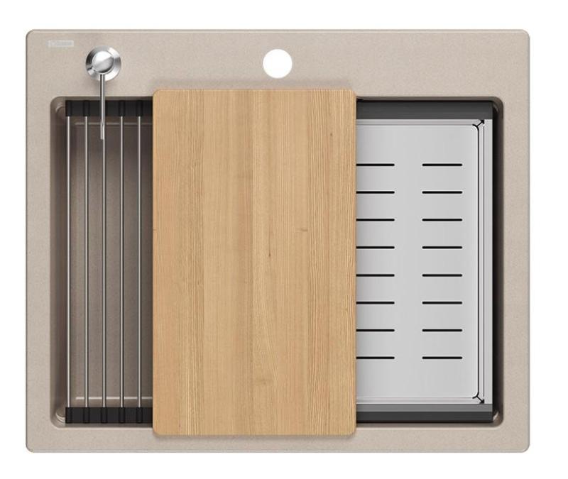 Quadri Durham Pearl Beige granite countertop sink 595x500 with soap dispenser, cutting board, insert sink and roll mat 1208971814