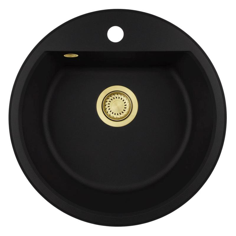 GraniteMy Bremen round granite sink 43 cm black, surface-mounted and under-mounted, with faucet hole and gold plug 1208971841