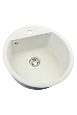 GraniteMy Bremen round granite sink 43 cm white, top-mount and under-mount, with faucet hole and automatic stainless steel plug 1208971845