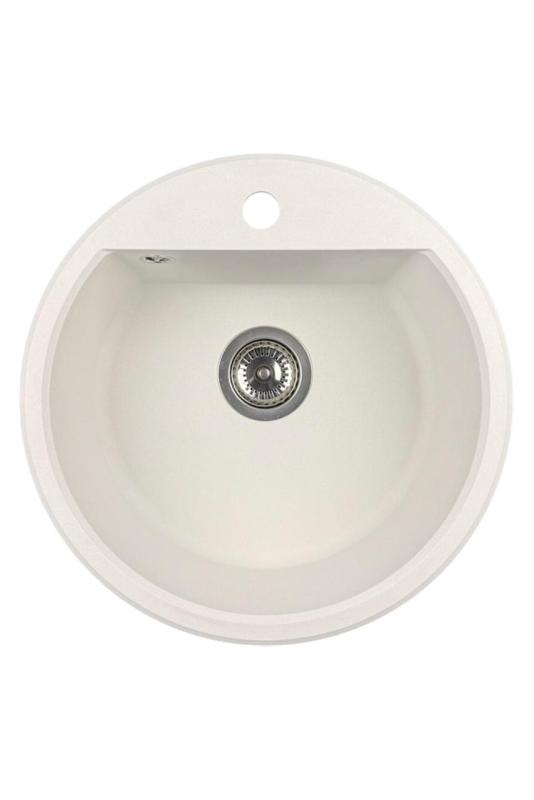 GraniteMy Bremen round granite sink 43 cm white, top-mount and under-mount, with faucet hole and automatic stainless steel plug 1208971845