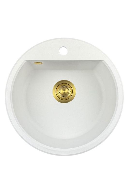 GraniteMy Bremen round granite sink 43 cm white, top mount and undermount, with faucet hole bench and automatic gold plug 1208971848