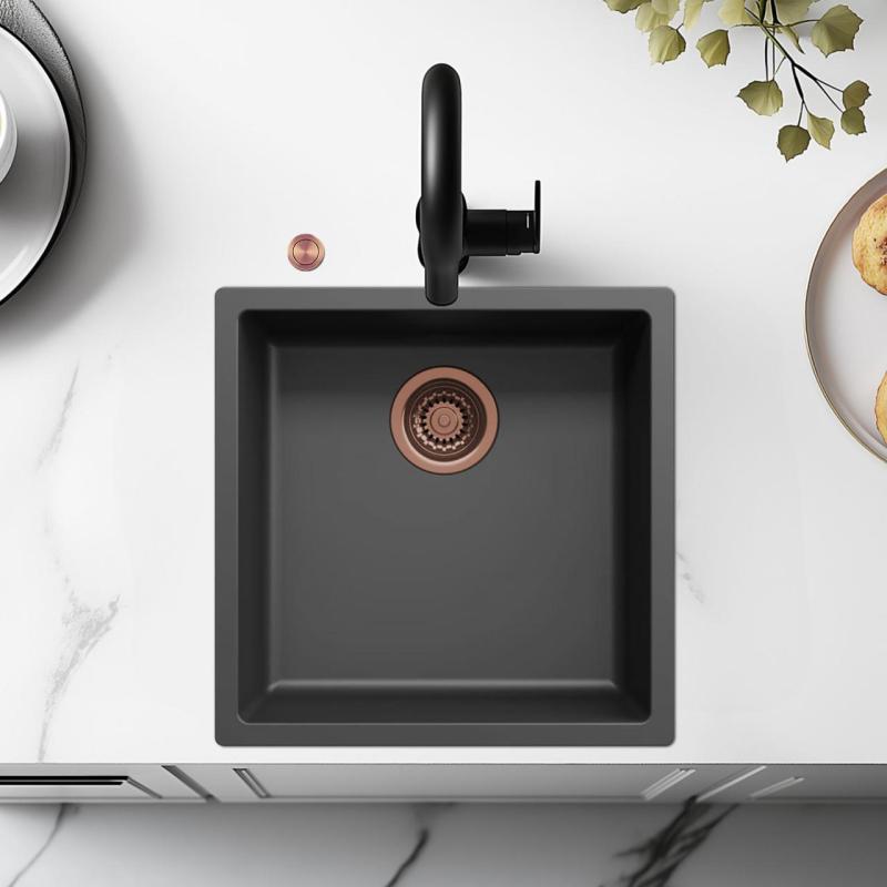Ausmann Fibre black sink 40x40cm undermount, topmount and flush mount with automatic copper plug 1208971852