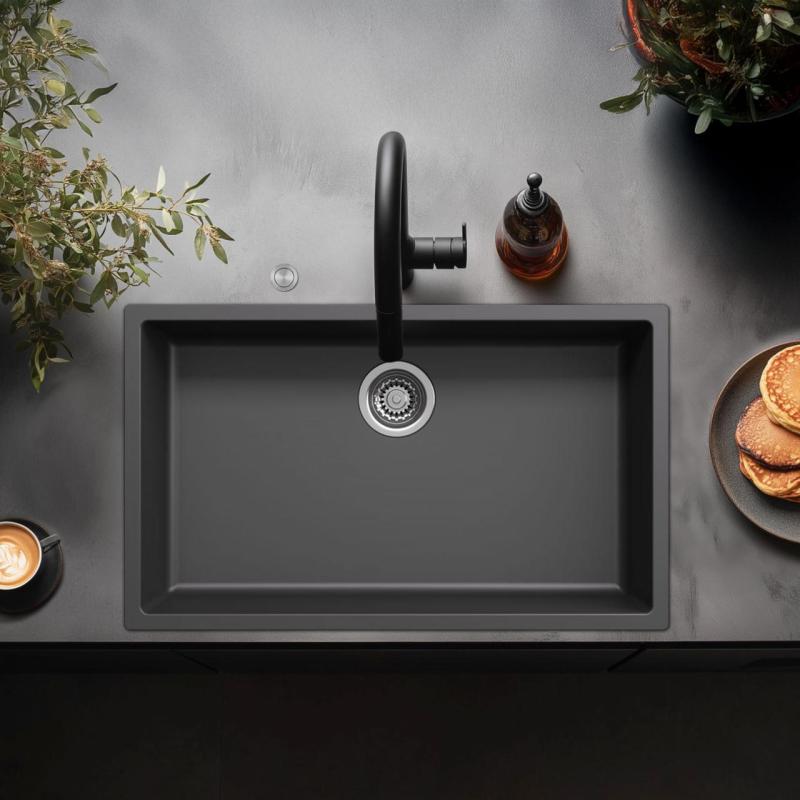 Ausmann Fibre black large sink 70x40cm undermount, topmount, and flushmount with automatic stainless steel plug 1208971861