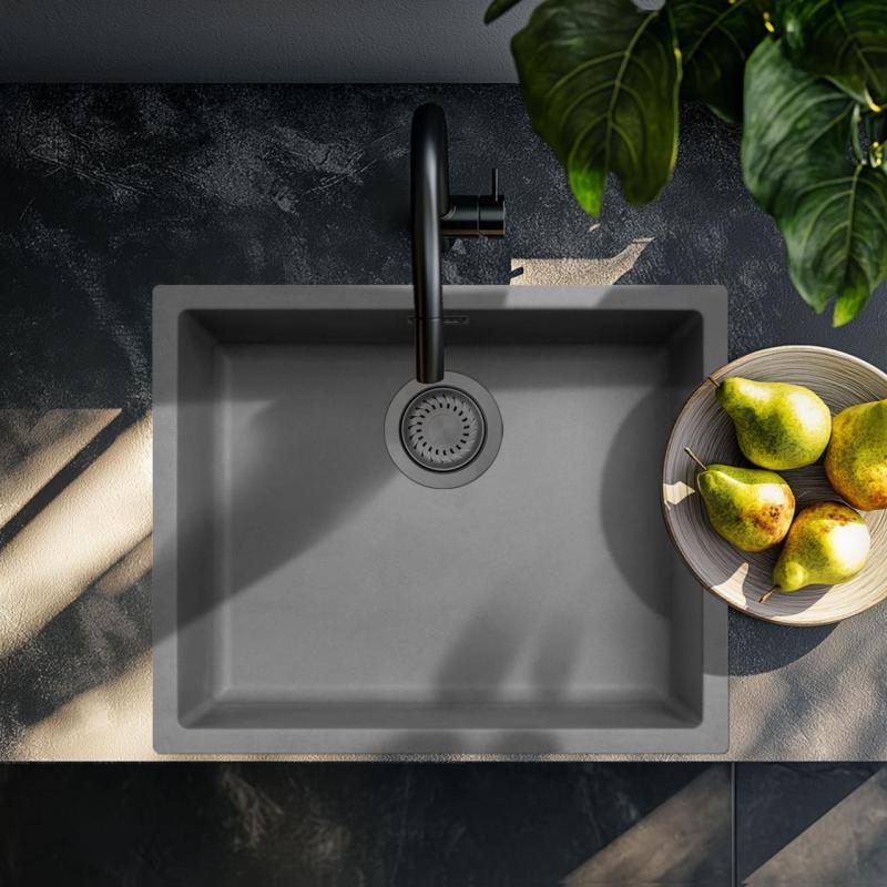Ausmann Fibre concrete gray sink 50x40cm undermount, topmount and flush-mount with gun metal plug 1208971886