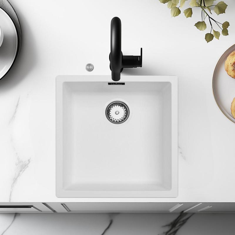 Ausmann Fibre white sink 40x40cm undermount, topmount and flushmount with automatic stainless steel plug 1208971891