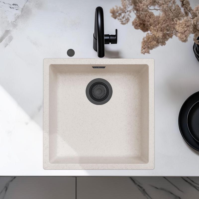 Ausmann Fiber sand white sink 40x40cm undermount, topmount and flush mount with automatic black plug 1208971926