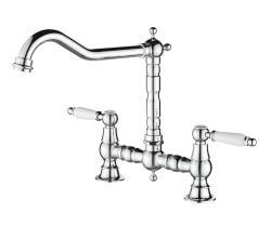 Aquanello Heritage Manor Classic Kitchen Nostalgic Bridge Kitchen Faucet Chrome with White Handle CR-0010-HM