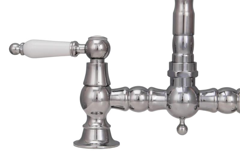 Aquanello Heritage Manor Classic Kitchen Nostalgic Bridge Kitchen Faucet Chrome with White Handle CR-0010-HM