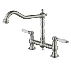 Aquanello Heritage Manor Classic Kitchen Nostalgic Bridge Kitchen Faucet, Stainless Steel with White Handle NB-0010-HM