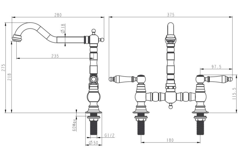 Aquanello Heritage Manor Classic Kitchen Nostalgic Bridge Kitchen Faucet, Stainless Steel with White Handle NB-0010-HM