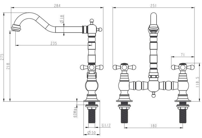 Aquanello Heritage Ascot Classic Kitchen Nostalgic Bridge Kitchen Faucet, Chrome with Cross Handles CR-4001-HA