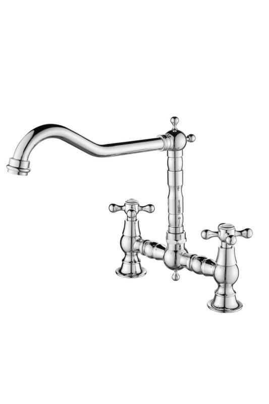 Aquanello Heritage Ascot Classic Kitchen Nostalgic Bridge Kitchen Faucet, Chrome with Cross Handles CR-4001-HA