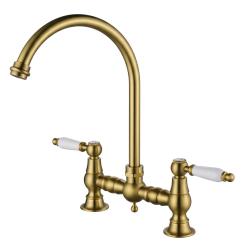 Aquanello Heritage Manor Classic Kitchen Nostalgic Bridge Kitchen Faucet in Bronze with White Handle and Round Spout BN-0011-HM