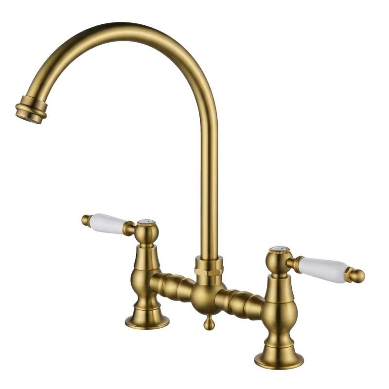 Aquanello Heritage Manor Classic Kitchen Nostalgic Bridge Kitchen Faucet in Bronze with White Handle and Round Spout BN-0011-HM