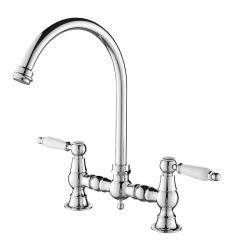 Aquanello Heritage Manor Classic Kitchen Nostalgic Bridge Kitchen Faucet, Chrome with White Handle and Round Spout CR-0011-HM