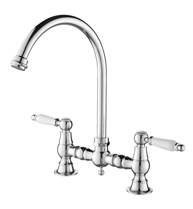 Aquanello Heritage Manor Classic Kitchen Nostalgic Bridge Kitchen Faucet, Chrome with White Handle and Round Spout CR-0011-HM