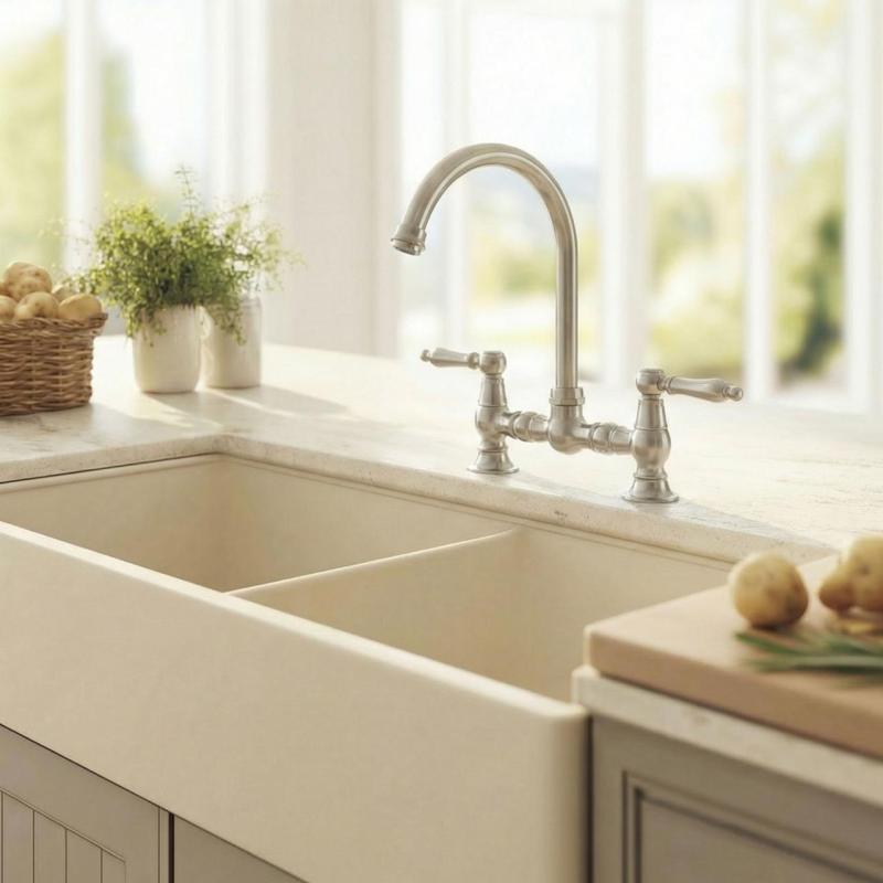 Aquanello Heritage Manor Classic Kitchen Nostalgic Bridge Kitchen Faucet, Chrome with White Handle and Round Spout CR-0011-HM