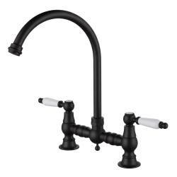 Aquanello Heritage Manor Classic Kitchen Nostalgic Bridge Kitchen Faucet, Black with White Handle and Round Spout BL-0011-HM