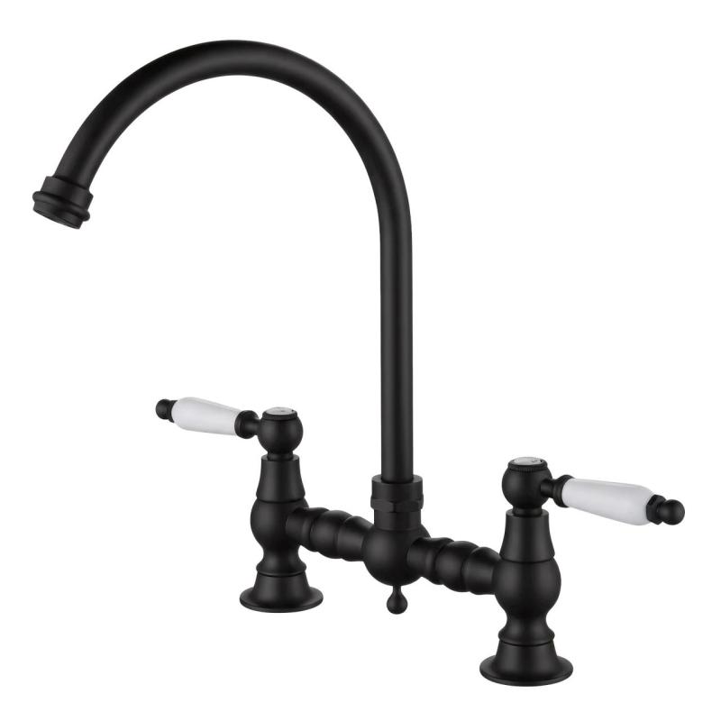 Aquanello Heritage Manor Classic Kitchen Nostalgic Bridge Kitchen Faucet, Black with White Handle and Round Spout BL-0011-HM