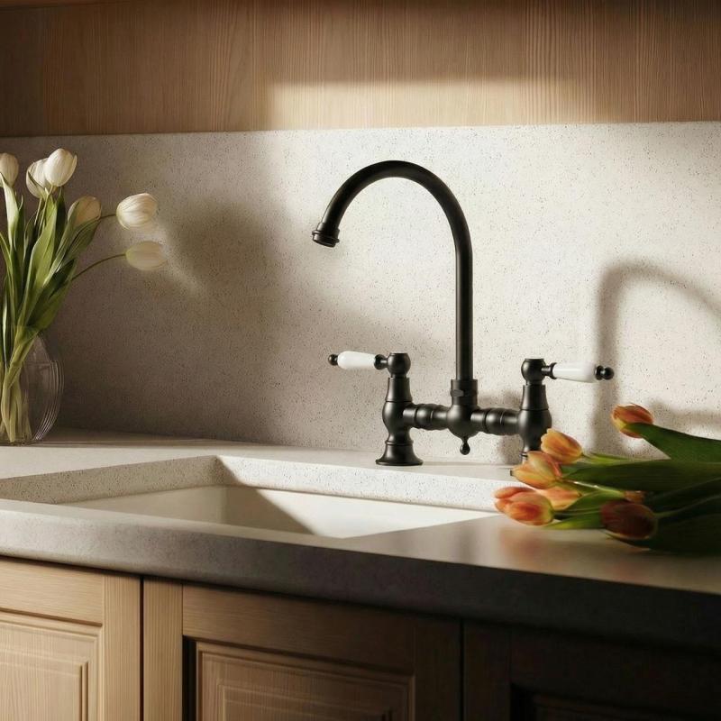 Aquanello Heritage Manor Classic Kitchen Nostalgic Bridge Kitchen Faucet, Black with White Handle and Round Spout BL-0011-HM