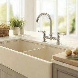 Aquanello Heritage Manor Classic Kitchen Nostalgic Bridge Kitchen Faucet Stainless Steel with White Handle and Round Spout NB-0011-HM