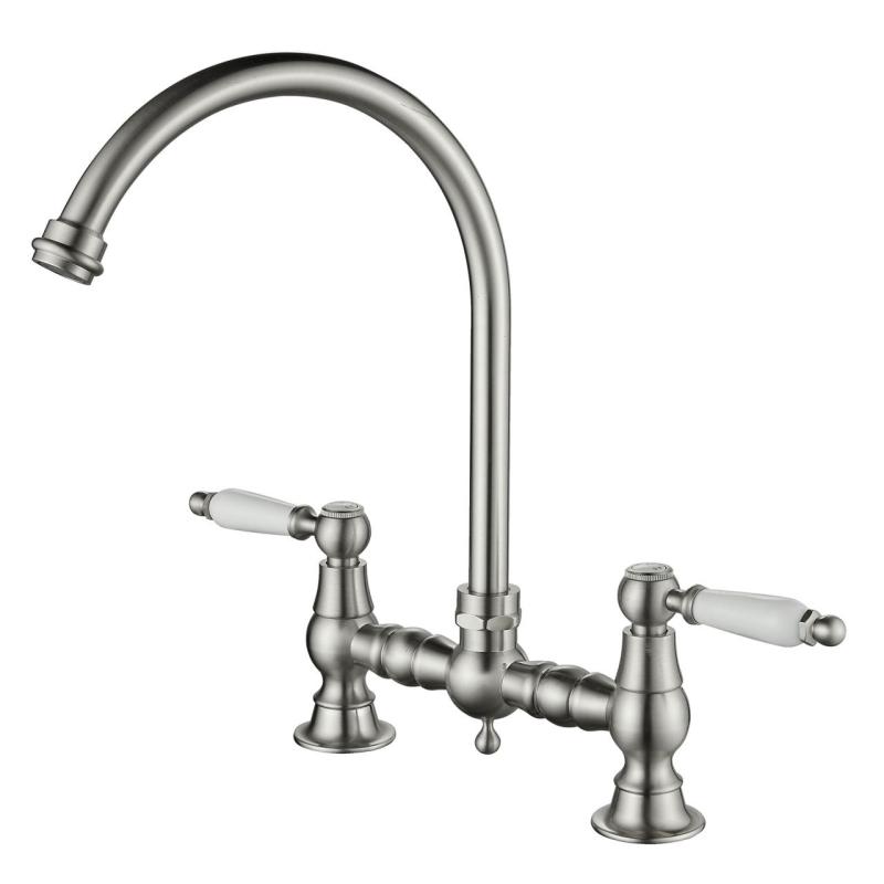 Aquanello Heritage Manor Classic Kitchen Nostalgic Bridge Kitchen Faucet Stainless Steel with White Handle and Round Spout NB-0011-HM