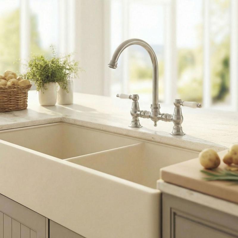 Aquanello Heritage Manor Classic Kitchen Nostalgic Bridge Kitchen Faucet Stainless Steel with White Handle and Round Spout NB-0011-HM