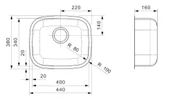 Reginox L183440OKG stainless steel kitchen sink 44x38cm flush-mounted, inset or undermount with basket strainer plug 03060