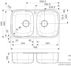 Reginox Princess 80 double stainless steel kitchen sink flush-mounted, inset or undermount 76.5x44cm B1936LLU08GDS